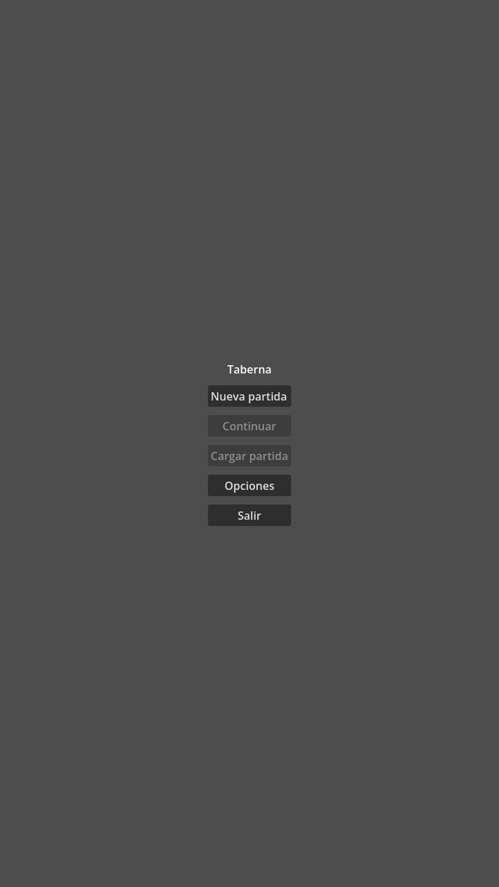 27 June menu: flat gray background, title Taberna, and buttons New game, Continue and Load off, Options and Quit.