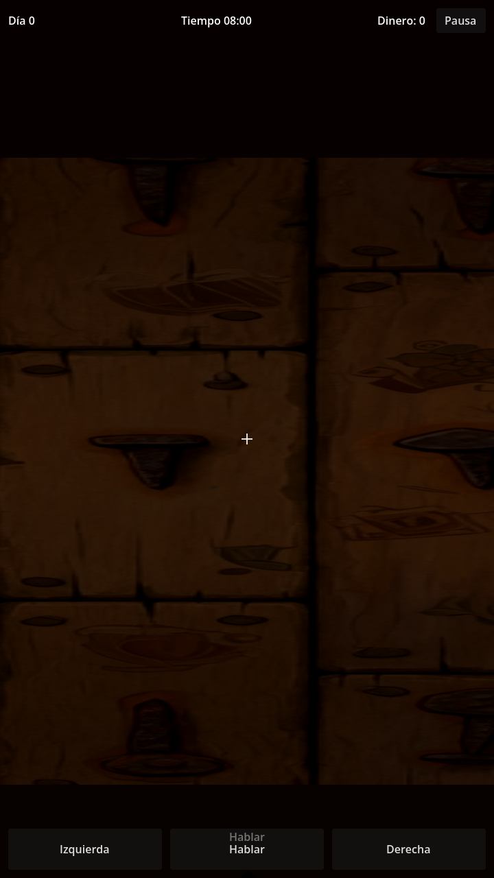 27 June tavern: the camera is born against the counter wood, white crosshair in the center, HUD Day 0, 08:00, Money 0 and buttons Left, Talk, Right.
