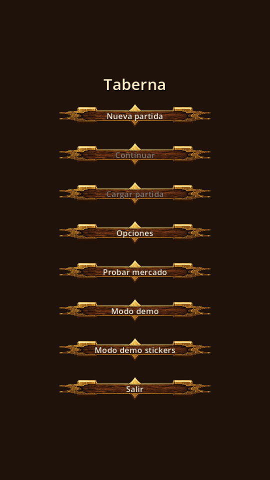 10 July menu: brown background, wood-and-gold buttons. New game, Continue, Load, Options, Try market, Demo mode, Sticker demo mode, Quit.