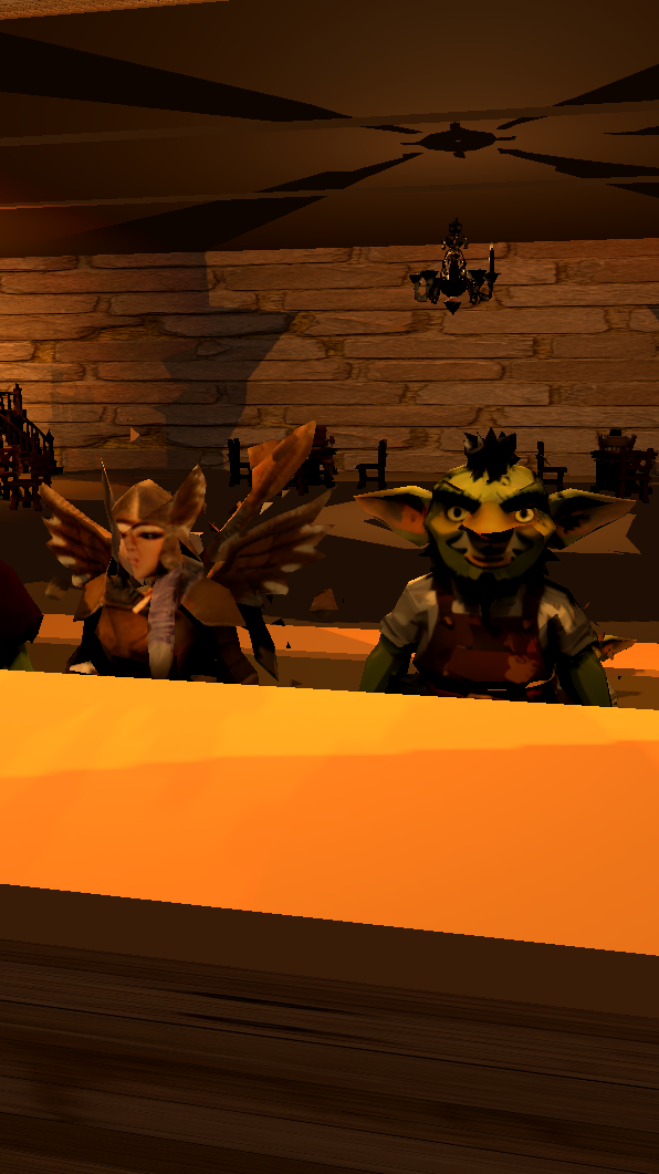 Inside the tavern on 10 July: Grog, a goblin in an apron, and a winged customer in a helmet behind the orange counter, under a candle lamp.