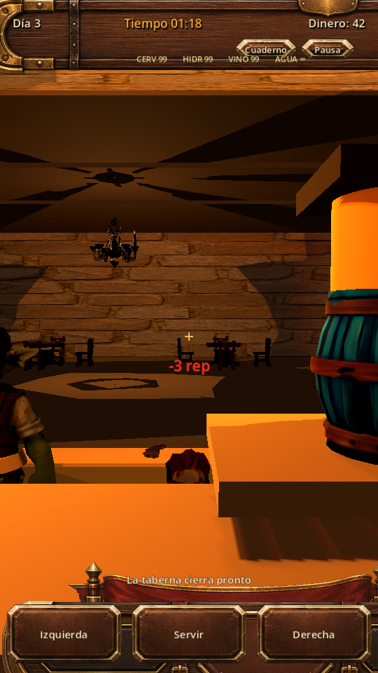 10 July HUD: Day 3, Time 01:18, Money 42, stock BEER MEAD WINE 99 and WATER infinite. Red text −3 rep. Banner “The tavern closes soon”.