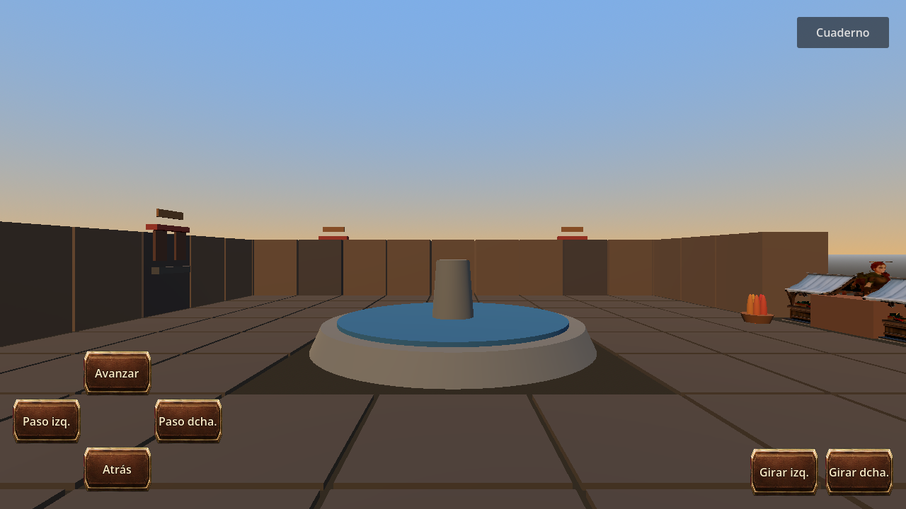 10 July graybox square: tiled ground, cylindrical fountain with flat blue water, awning on the right, sunset sky and wood pad buttons.