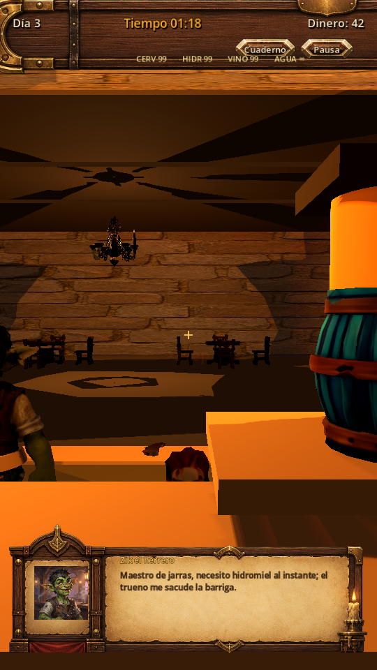 10 July dialogue: Zik the Blacksmith, goblin portrait, wants mead right now. Parchment box. HUD Day 3, Money 42.
