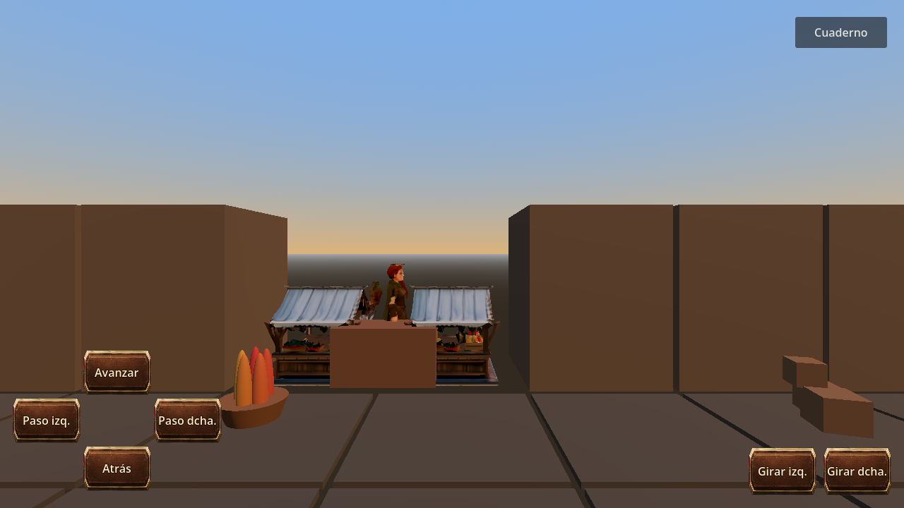 Square stall on 10 July: white awnings, red-haired vendor, brown graybox blocks and a wood pad.