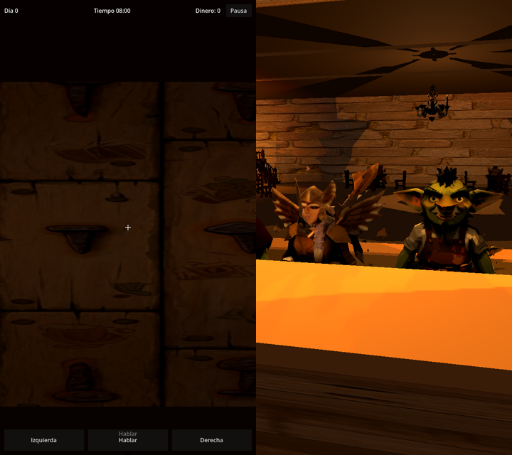 Bar pair: left, 27 June, camera inside the counter wood and a white crosshair; right, 10 July, orange counter, Grog and a winged customer.