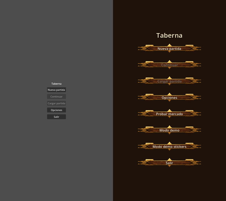 Menu pair: left, 27 June, flat gray background, Continue and Load off; right, 10 July, wood-and-gold buttons with Try market and demos.